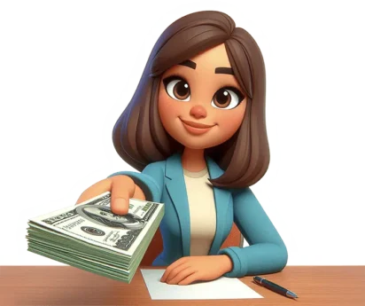 Woman handing cash across a desk, symbolizing fast pre-settlement funding from Express Legal Funding.