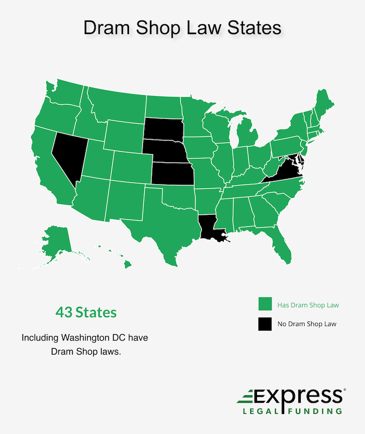 Map of what states have Dram Shop liability laws. Green states have Dram Shop laws and black colored states do not in the infographic.