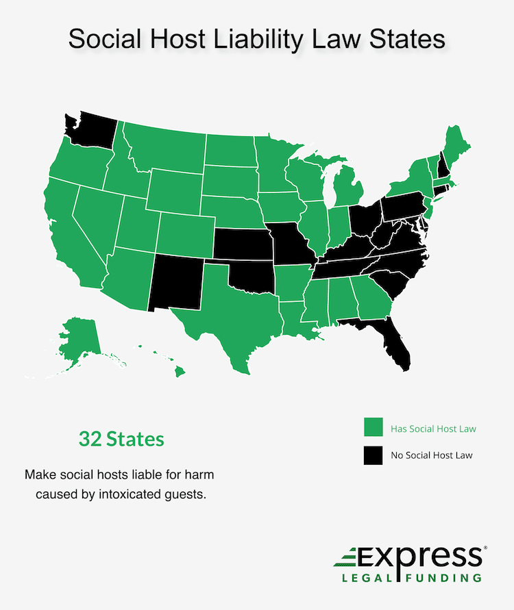 Social host liability law states infographic. Map of United States. 32 states have social host liability laws. Green states have social host laws and black states do not.