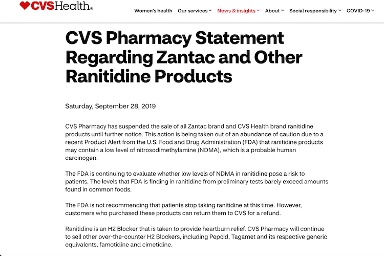 CVS Pharmacy Statement Regarding Zantac and Other Ranitidine Products