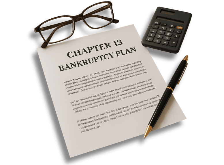 Icono del Capítulo 13 con un documento de plan de quiebra sobre un escritorio con gafas, bolígrafo y calculadora, que simboliza la planificación del pago de la deuda y la reestructuración aprobada por el tribunal.