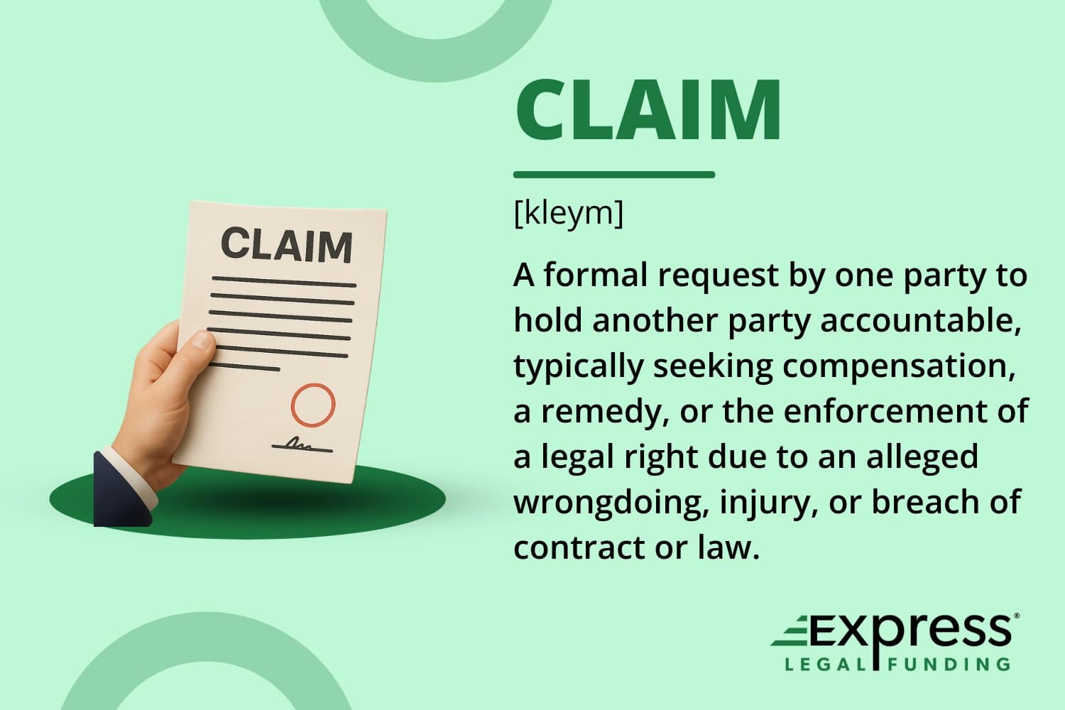 Illustration of a hand holding a legal claim document next to a definition of "claim" on a green background.