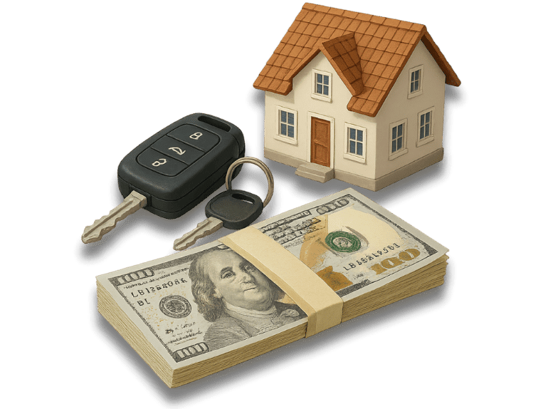 Icon representing the definition of collateral, with a house, car keys, and cash.