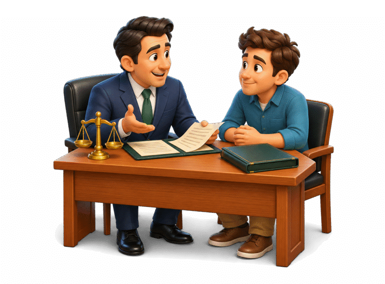 An attorney explaining case documents to a client, representing legal counsel.