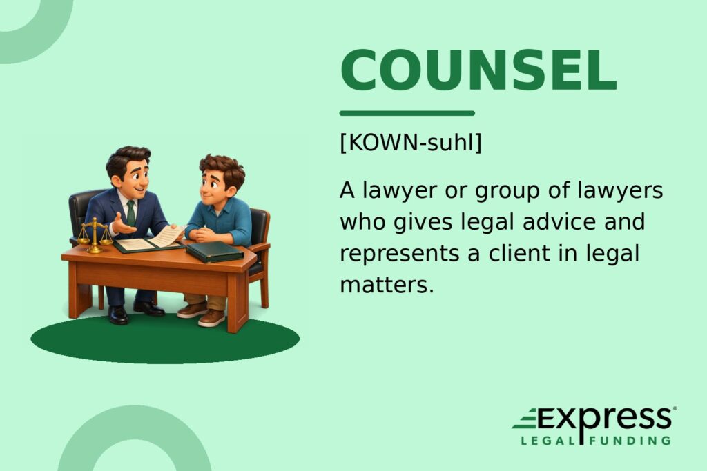 Counsel legal glossary graphic with an attorney advising a client across a desk.