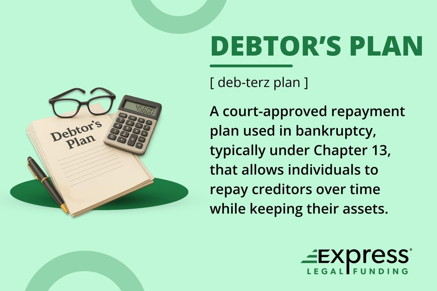 Definition of Debtor’s Plan, and icon: a calculator, glasses, and a pen, with text explaining it as a court-approved repayment plan under Chapter 13 that helps individuals repay creditors over time while keeping their assets.