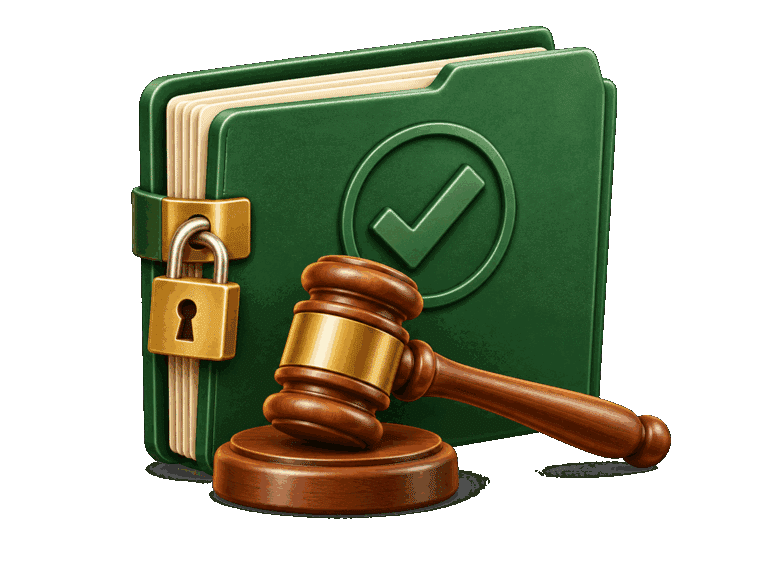 Locked green court file with a final checkmark and judge's gavel representing dismissal with prejudice.
