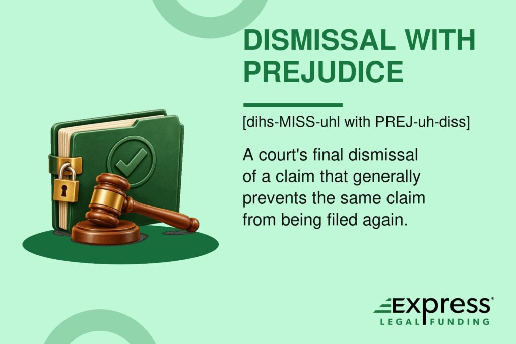 Dismissal With Prejudice explained with a locked court file, final checkmark, and judge's gavel.