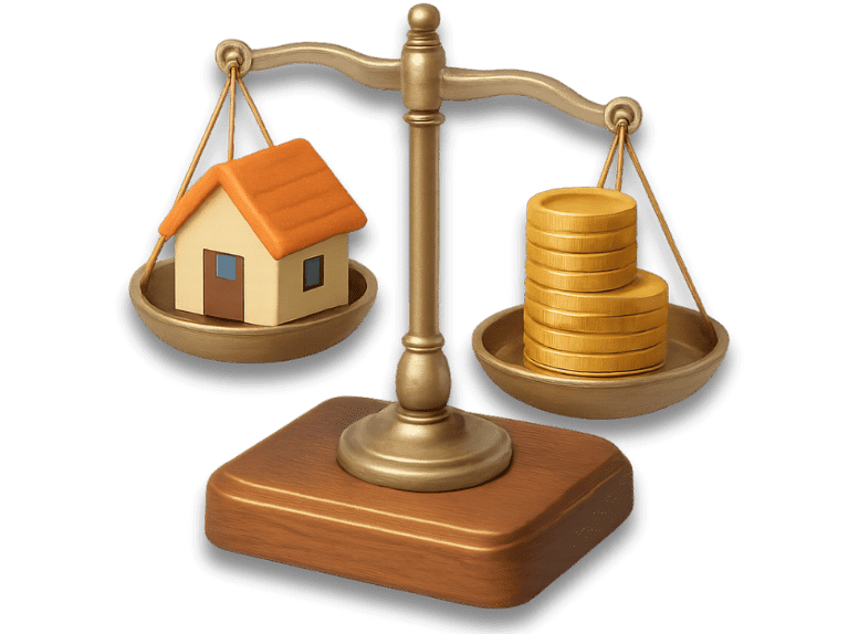 3D icon of a balanced brass scale with a small house on one side and a stack of gold coins on the other, symbolizing financial equity.