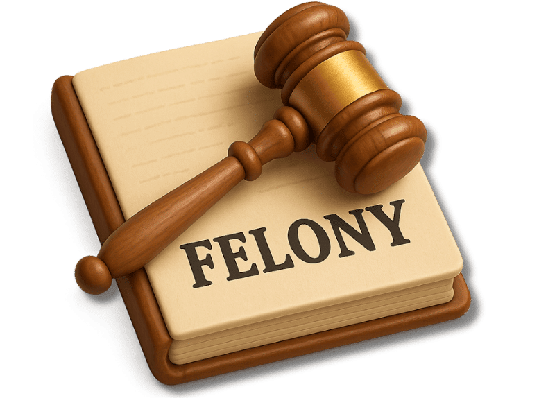 3D icon of a wooden judge’s gavel resting on a law book labeled “Felony,” symbolizing what a felony is, serious criminal offenses, and their legal consequences.