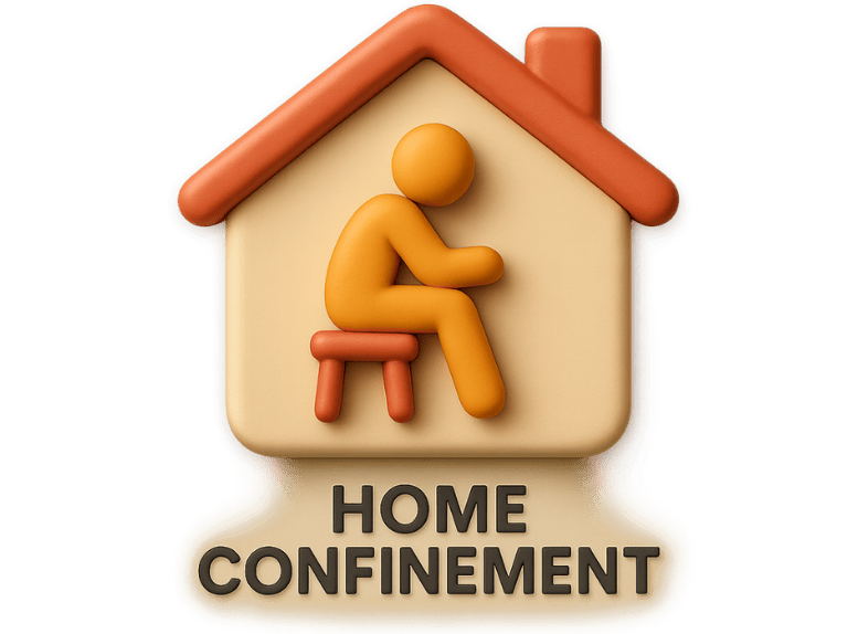 Icon symbolizing home confinement consisting of a tan house with an orange roof containing a simple orange human figure seated on a small stool.