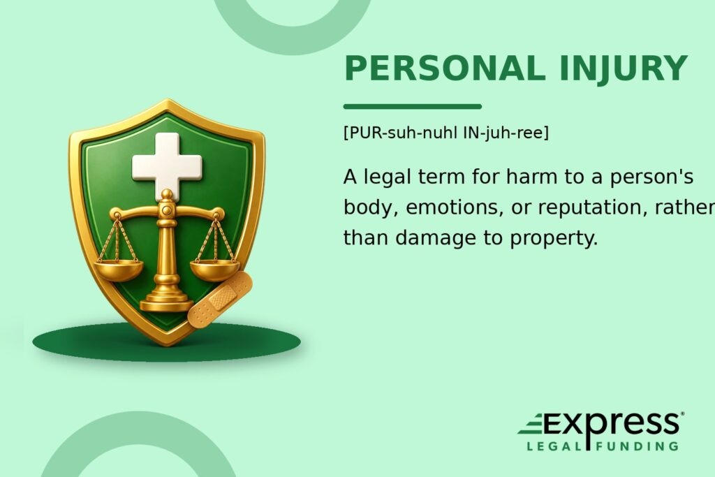 Personal injury glossary term beside a 3D shield with a medical cross, justice scales, and bandage.