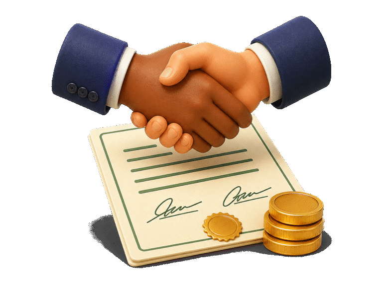 3D handshake above a signed settlement agreement and coins, representing resolution of a legal dispute.