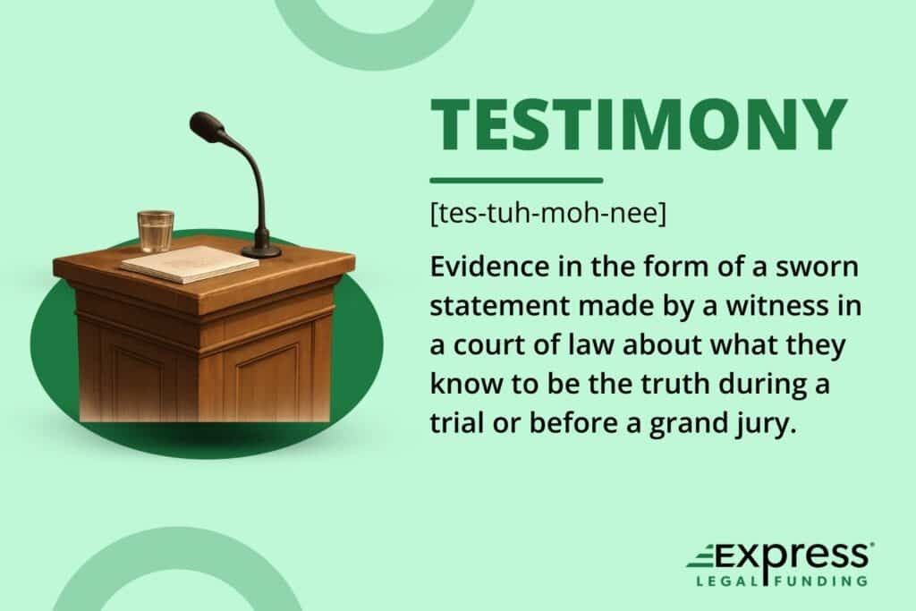 Courtroom witness stand with microphone, glass of water, and legal documents representing the definition of testimony as sworn evidence given under oath.