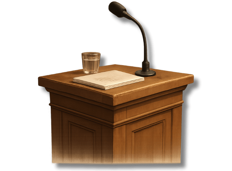3D icon of a wooden courtroom witness stand with a microphone, documents, and a glass of water symbolizing testimony in legal proceedings.