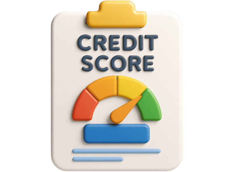 3D-rendered credit score icon showing a color-coded gauge and the words CREDIT SCORE on a clipboard