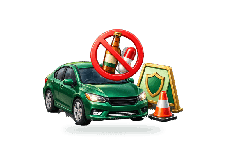 3D green car with alcohol-and-drug prohibition sign, checkpoint shield, and traffic cone representing Driving Under the Influence.