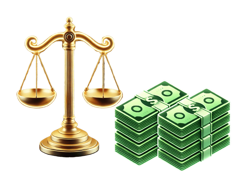 A golden justice scale symbolizing law and fairness next to stacks of green cash representing financial support or funding, illustrating the concept of pre-settlement funding.