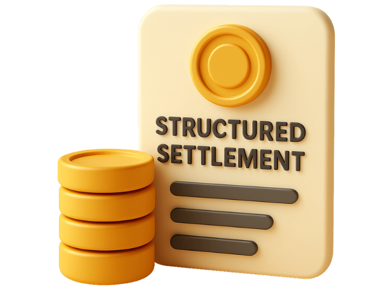 3D icon of a structured settlement featuring a stack of gold coins next to a legal payout agreement with bold text.