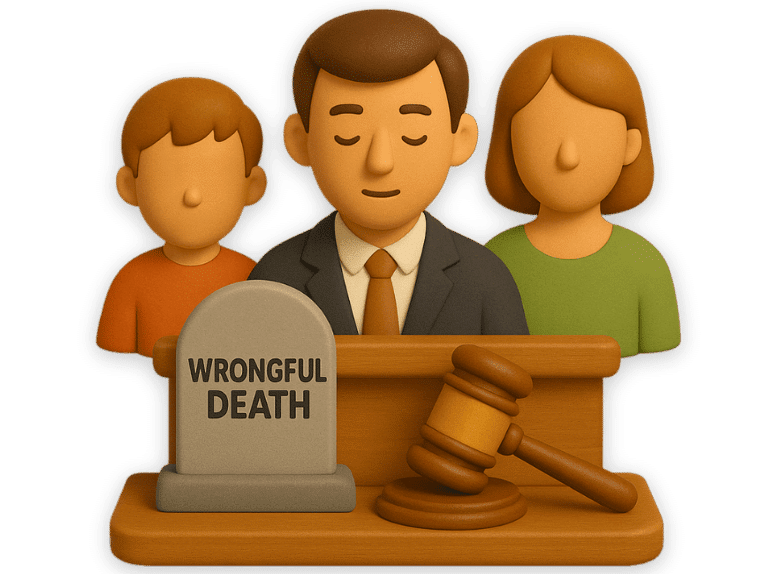 3D illustration of a wrongful death legal scene showing a grieving family and lawyer (a child, a woman, and a lawyer) behind a judge’s bench. A tombstone labeled 