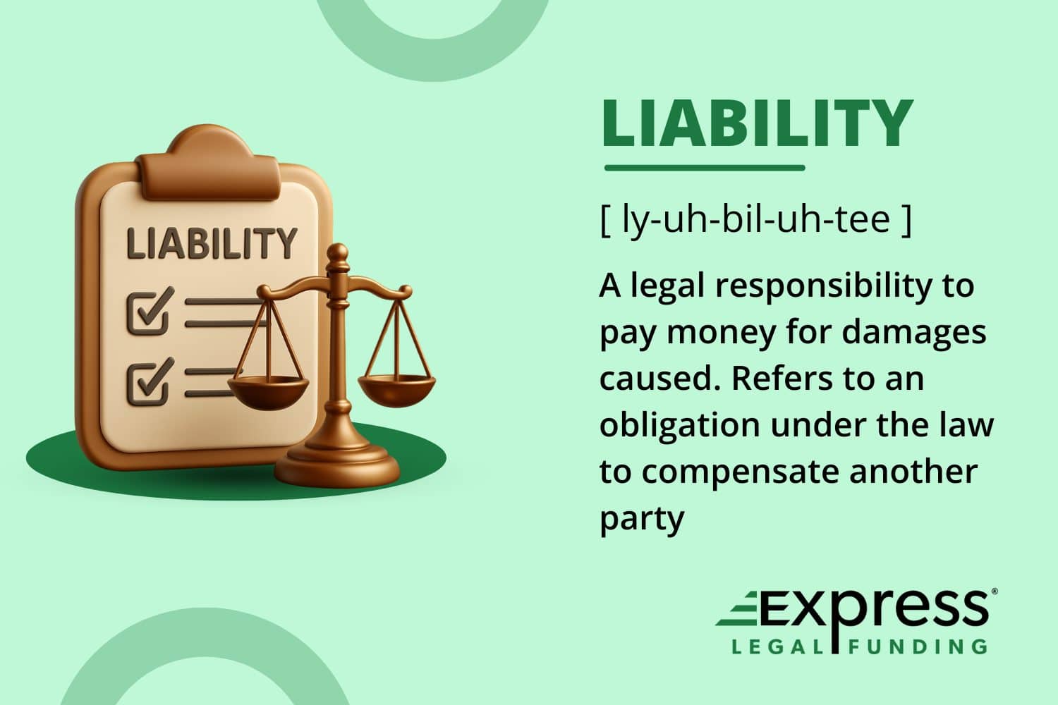 Glossary-style graphic defining liability as the legal responsibility to pay for damages, featuring a 3D checklist clipboard and a balance scale.