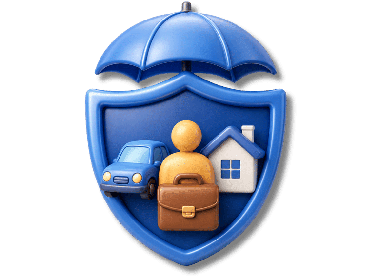3D liability insurance icon showing a blue shield and umbrella protecting a person, car, home, and briefcase from covered liability claims.