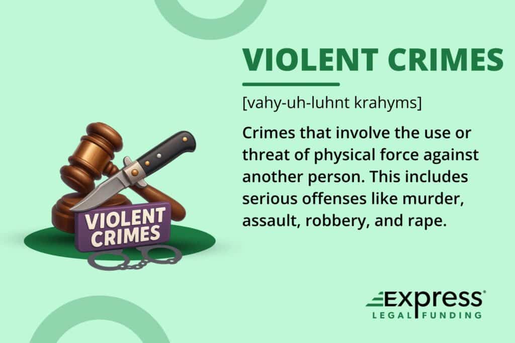 Violent crimes definition graphic featuring a gavel, knife, and handcuff icon, symbolizing the violent crime category of serious offenses.