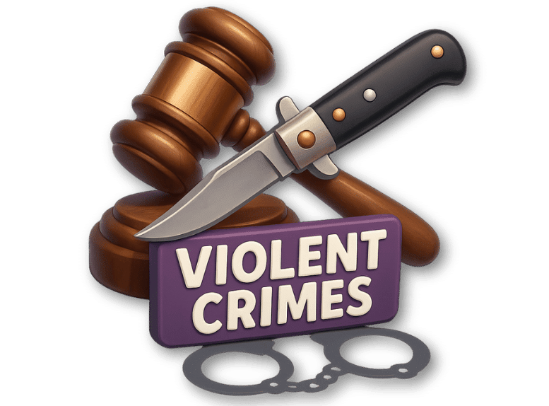 3D icon of a gavel, switchblade knife, and handcuff shadow with bold text reading Violent Crimes.