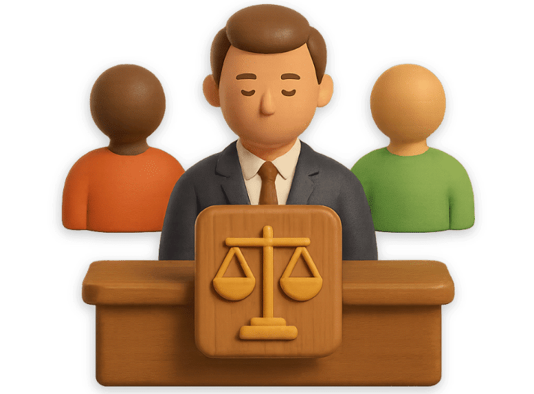 3D illustration of a neutral arbitrator behind a podium with a justice scale emblem, flanked by two disputing parties, representing the arbitration process.