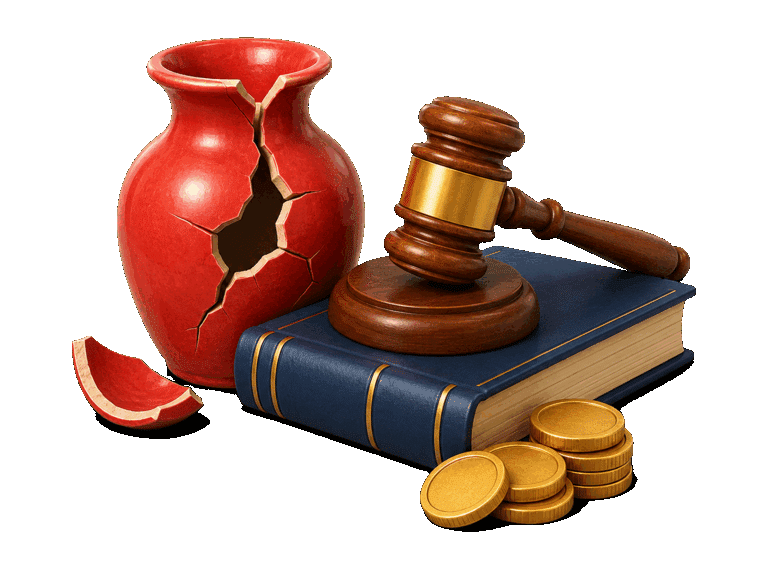 Cracked red vase beside a judge's gavel, law book, and coins representing a tort and civil compensation.