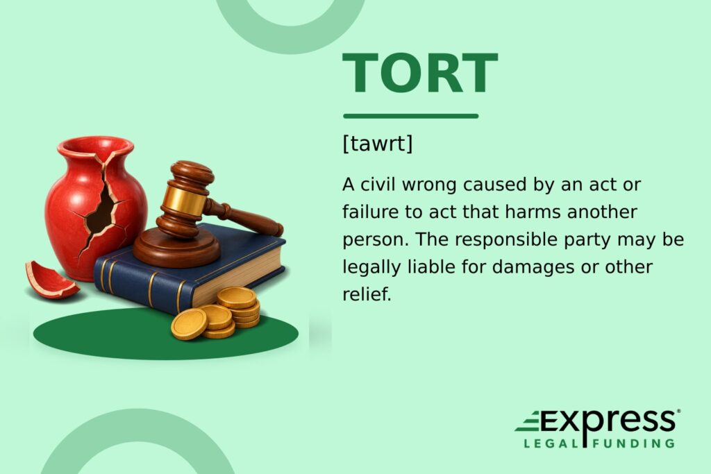 Tort law definition graphic with a cracked vase, judge's gavel, law book, and compensation coins.