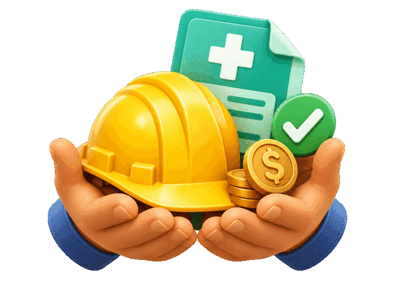 3D icon representing workers' compensation with a safety helmet, medical document, approval badge, and benefits coins held in supportive hands.