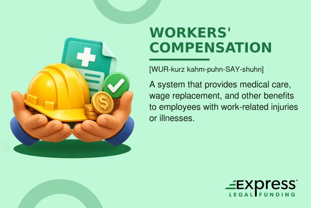 Workers' compensation glossary graphic with a safety helmet, medical document, benefits coins, and protective hands.