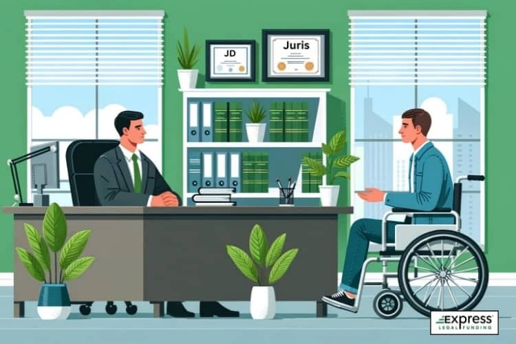 Personal injury attorney consultation with legal client in wheelchair.