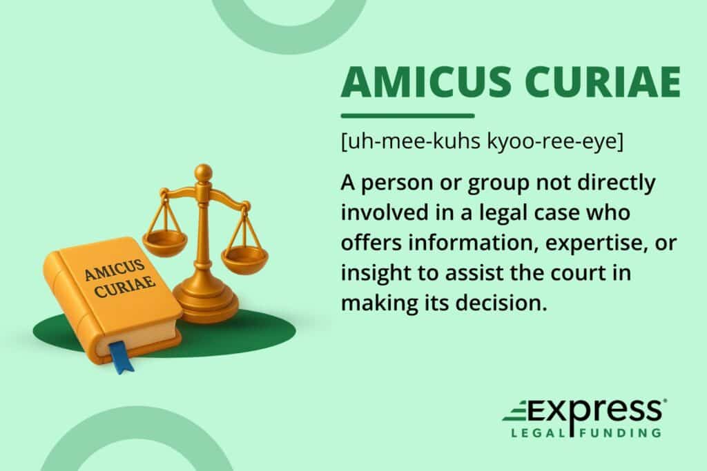 Amicus curiae definition graphic with law book and scales of justice explaining the meaning of friend of the court.