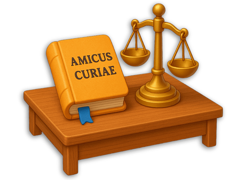 Amicus curiae law book and golden scales of justice illustration representing friend of the court briefs.