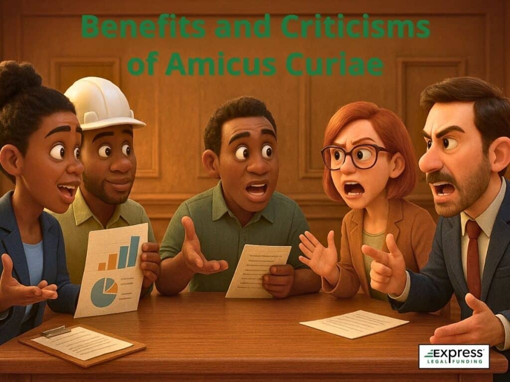 Illustration of diverse people in a courtroom debating with charts and papers, symbolizing the benefits and criticisms of amicus curiae briefs.