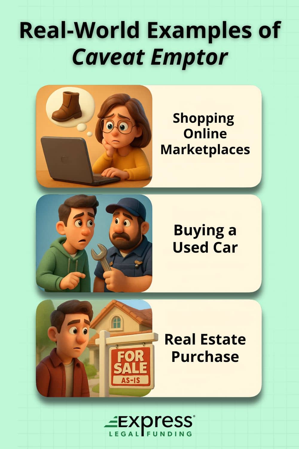 Infographic showing real-world examples of caveat emptor, including online shopping, buying a used car, and purchasing real estate sold as-is.