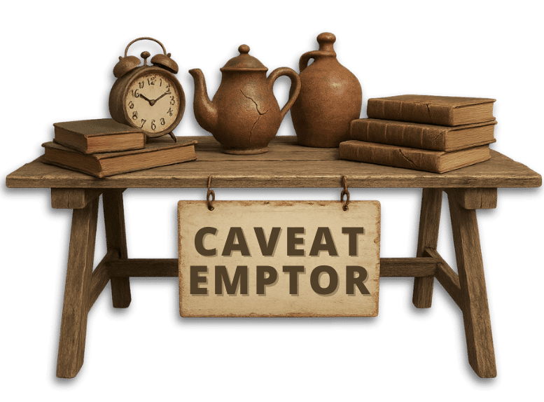 Illustration of a wooden table with books, teapots, and a clock, with a sign reading “Caveat Emptor,” symbolizing buyer beware in contract law.