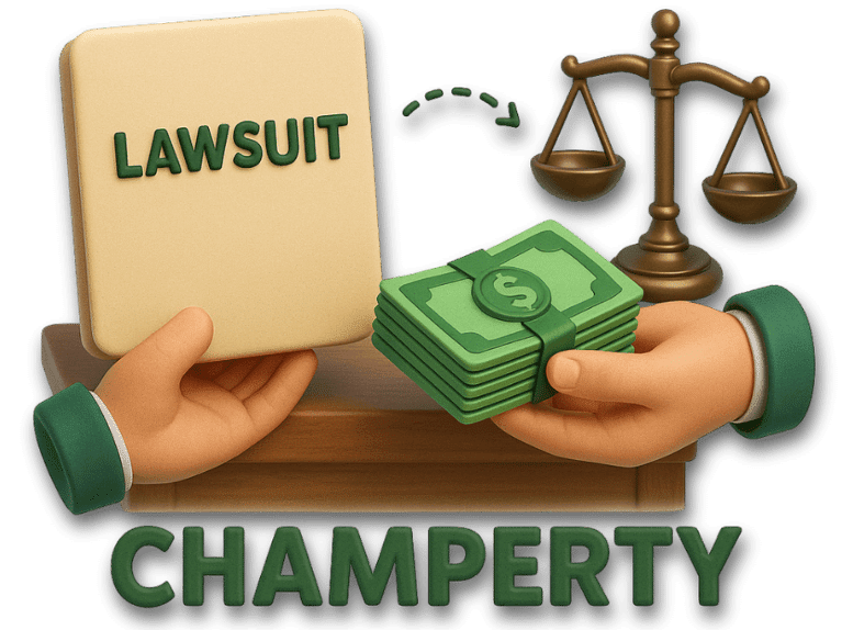 Icon representing champerty and maintenance, with one hand exchanging a lawsuit file for a stack of money, and justice scales.