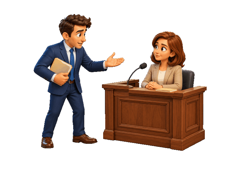 Attorney questioning a seated witness at a wooden stand, representing cross-examination.