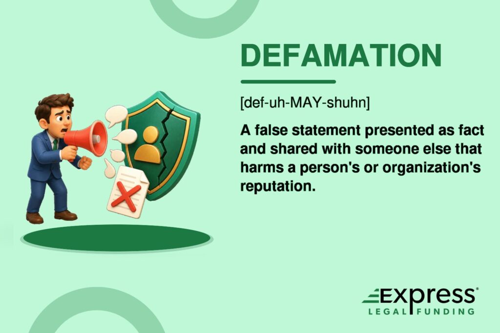 Definition of defamation graphic with pronunciation.