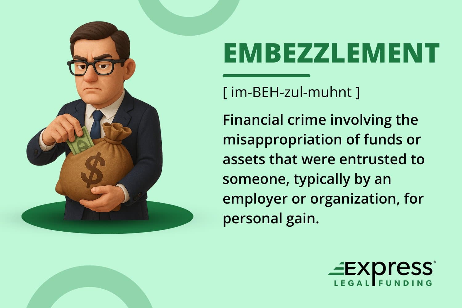 Businessman embezzling money from a sack, illustrating the legal definition of embezzlement: a financial crime involving the misappropriation of funds or assets that were entrusted to someone, typically by an employer or organization, for personal gain.