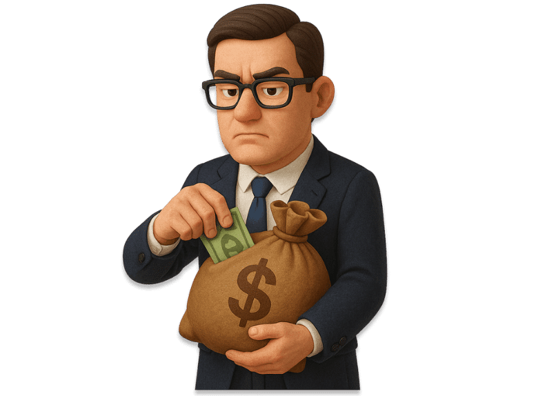 3D icon of a businessman in a suit embezzling money by pulling cash from a large brown sack marked with a dollar sign, symbolizing the misuse of entrusted funds for personal gain in embezzlement cases.
