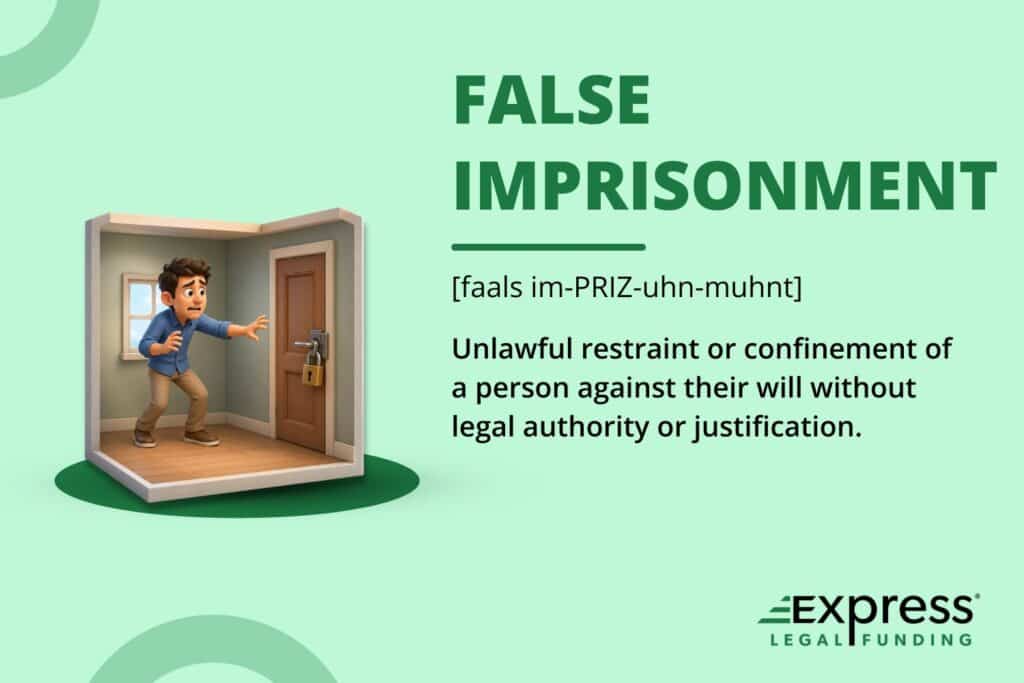 False imprisonment definition graphic showing a worried person trapped in a locked room with legal term explanation.