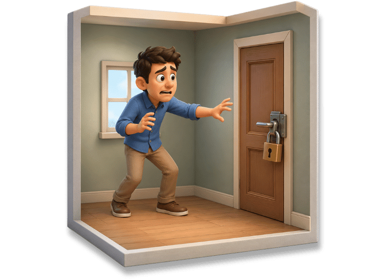 3D icon of a worried person trapped inside a locked room, representing false imprisonment.