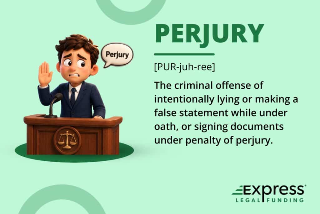 Illustration of a nervous witness under oath and the definition of perjury as intentionally lying or making a false statement under penalty of perjury.