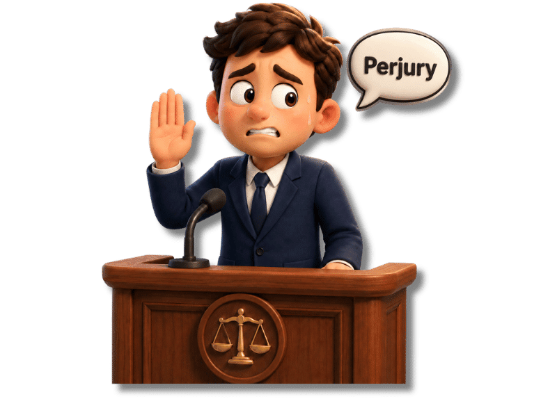 3D icon of a nervous man raising his hand under oath at a witness stand with a speech bubble reading perjury.