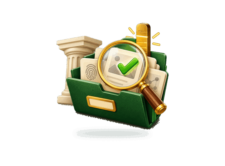 3D evidence file and magnifying glass highlighting a verified evidence card to represent prima facie proof.