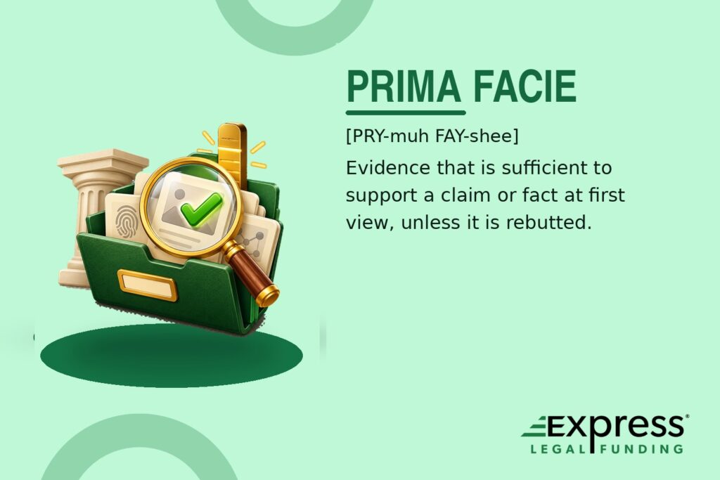 Prima facie glossary graphic with an evidence file, magnifying glass, and verified evidence card.